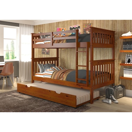 Mission Twin Over Twin Bunk Bed With Twin Trundle, Light Espresso